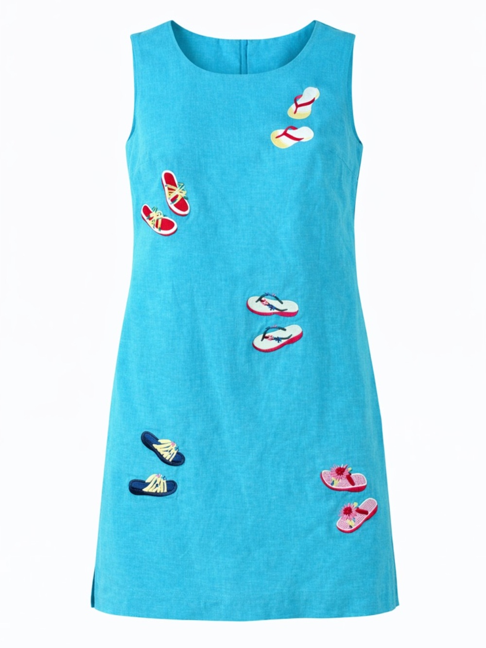 Turquoise Beach Shift Dress Flip Flop Embroidered Resort Vacation Wear Coastal